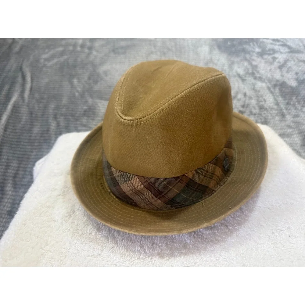 Christys Crown Series Tan Cotton‎ Fedora Hat Plaid Band Mens Size Medium Khaki